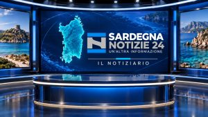 Copertina del notiziario SardegnaNotizie24: studio televisivo blu con la sagoma della Sardegna.
