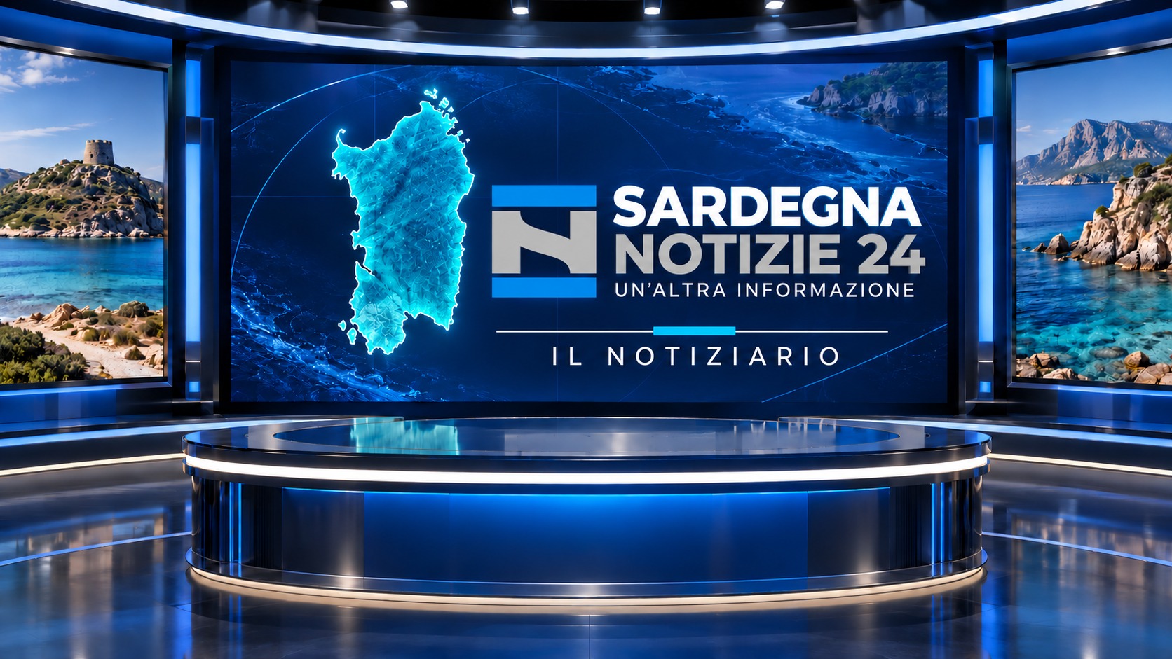 Copertina del notiziario SardegnaNotizie24: studio televisivo blu con la sagoma della Sardegna.